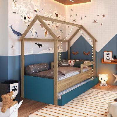 Cama Infantil Montessoriana Bicama Casinha Solteiro Menino Menina Com Proteção Lateral Cama Auxiliar Aveiro Oak Com Azul