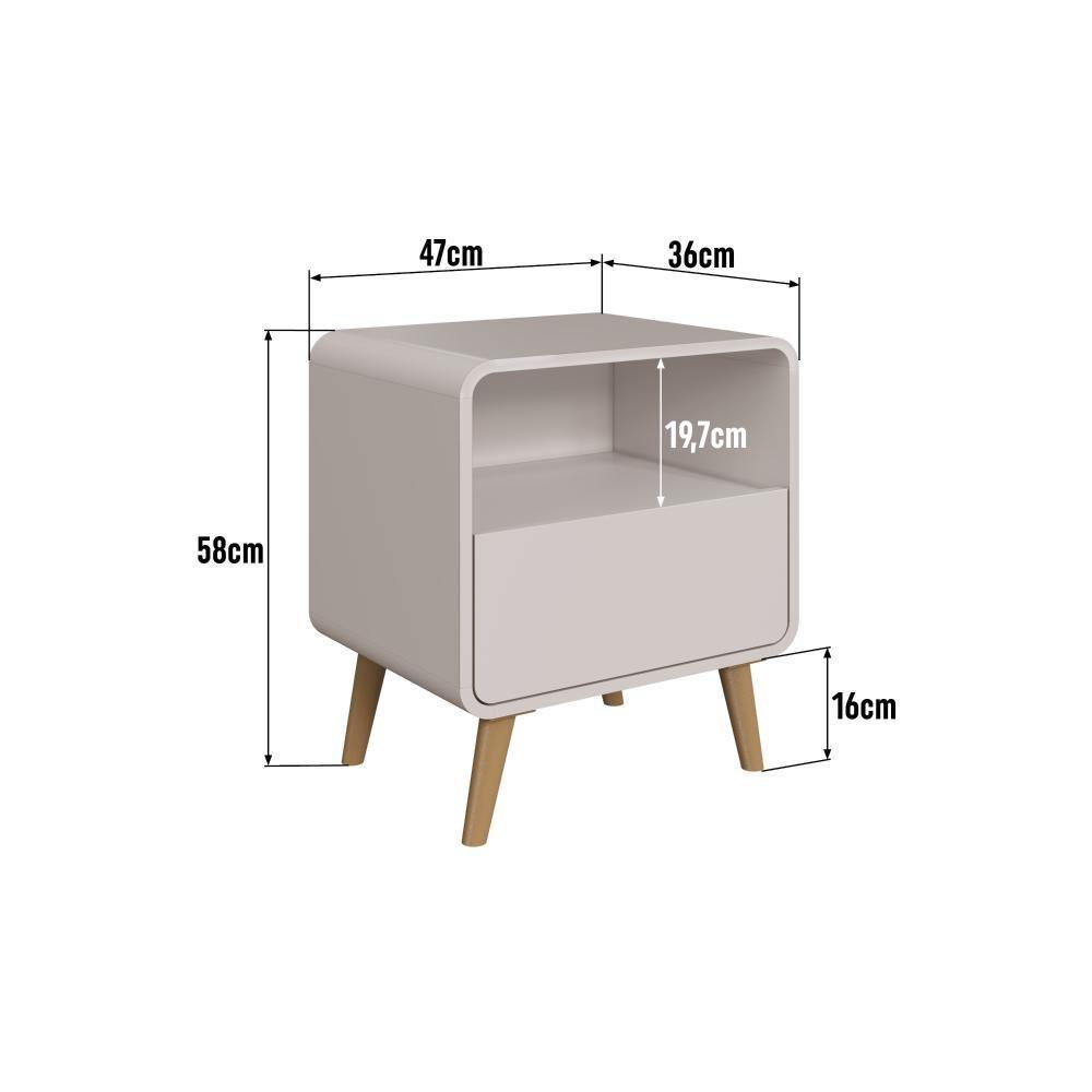 Mesa De Cabeceira Canto Curvo Com Nicho 01 Gaveta E Pés Palito Retrô Bege Dunas - 4