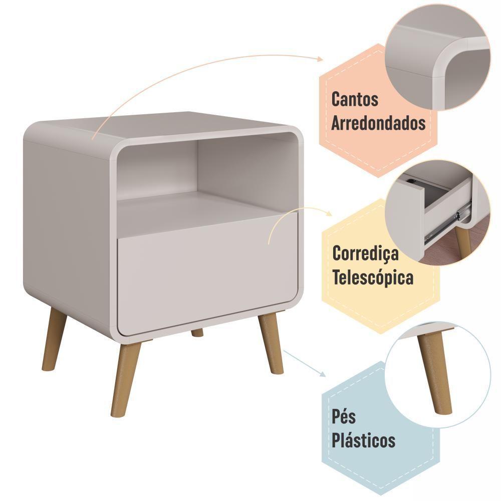 Mesa De Cabeceira Canto Curvo Com Nicho 01 Gaveta E Pés Palito Retrô Bege Dunas - 5