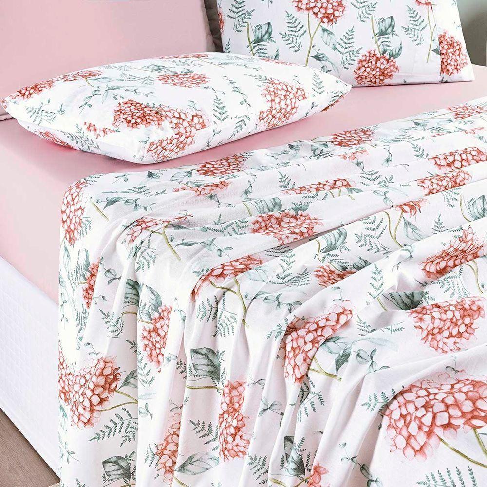 Jogo Cama Lençol Maris Queen Percalle 200 Fios Estampado 4 Peças Hortênsia Salmão - 1