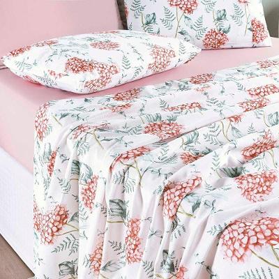 Jogo Cama Lençol Maris Queen Percalle 200 Fios Estampado 4 Peças Hortênsia Salmão