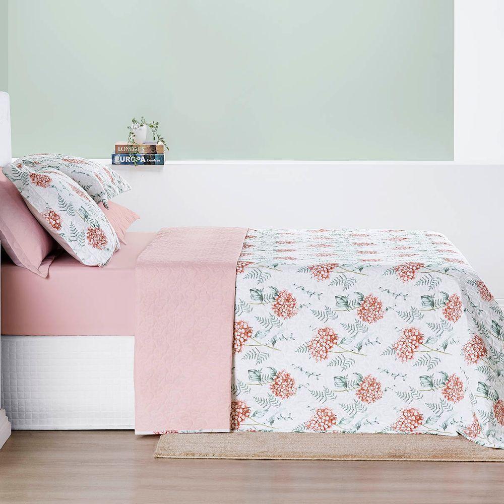 Kit Cobre Leito Colcha Maris King Estampado Dupla Face Percalle 200 Fios 3 Peças Hortênsia Salmão - 3