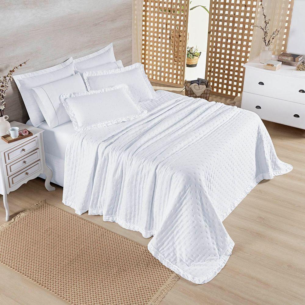 Kit Cobre Leito Colcha Vitta Casal Padrão Matelado C/ Babadinhos 200 Fios 3 Peças Branco - 100% Poliéster - 2