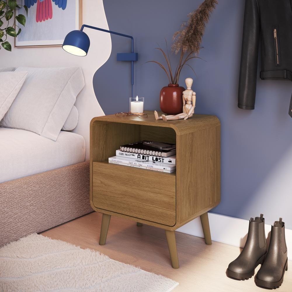 Mesa De Cabeceira Canto Curvo Com Nicho 01 Gaveta E Pés Palito Retrô Carvalho Xingu - 1