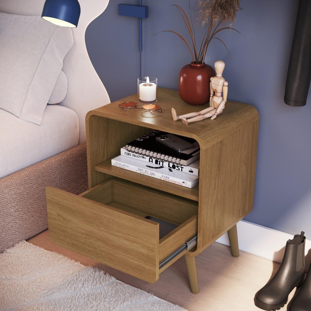 Mesa De Cabeceira Canto Curvo Com Nicho 01 Gaveta E Pés Palito Retrô Carvalho Xingu - 2