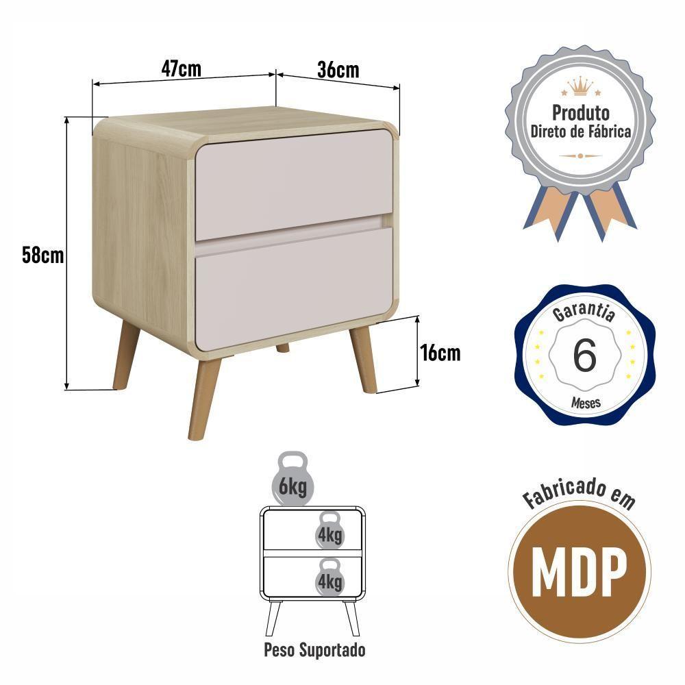 Mesa De Cabeceira Canto Curvo Com 02 Gavetas E Pés Palito Retrô Carvalho Araguaia - 6
