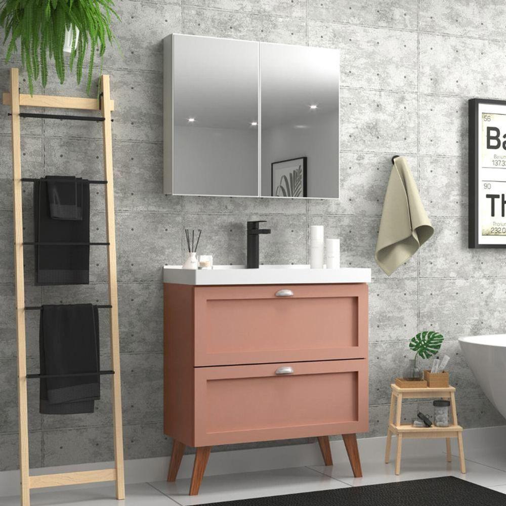 Gabinete Para Banheiro Com Cuba E Armario 80cm Retro Mdf Rosa Milano - On Móveis - 1