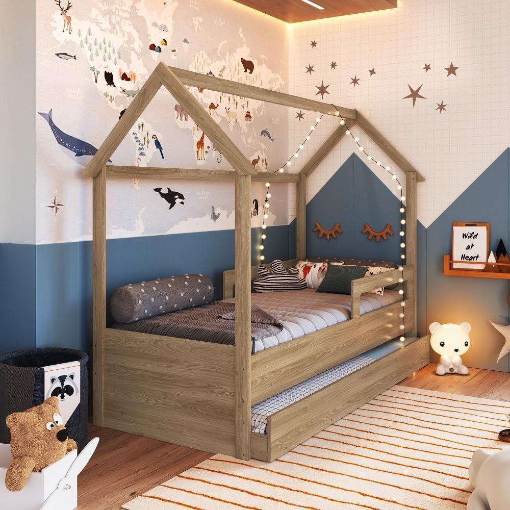 Cama Infantil Montessoriana Bicama Casinha Solteiro Menino Menina Com Proteção Lateral E Cama Auxiliar Aveiro Oak - 1