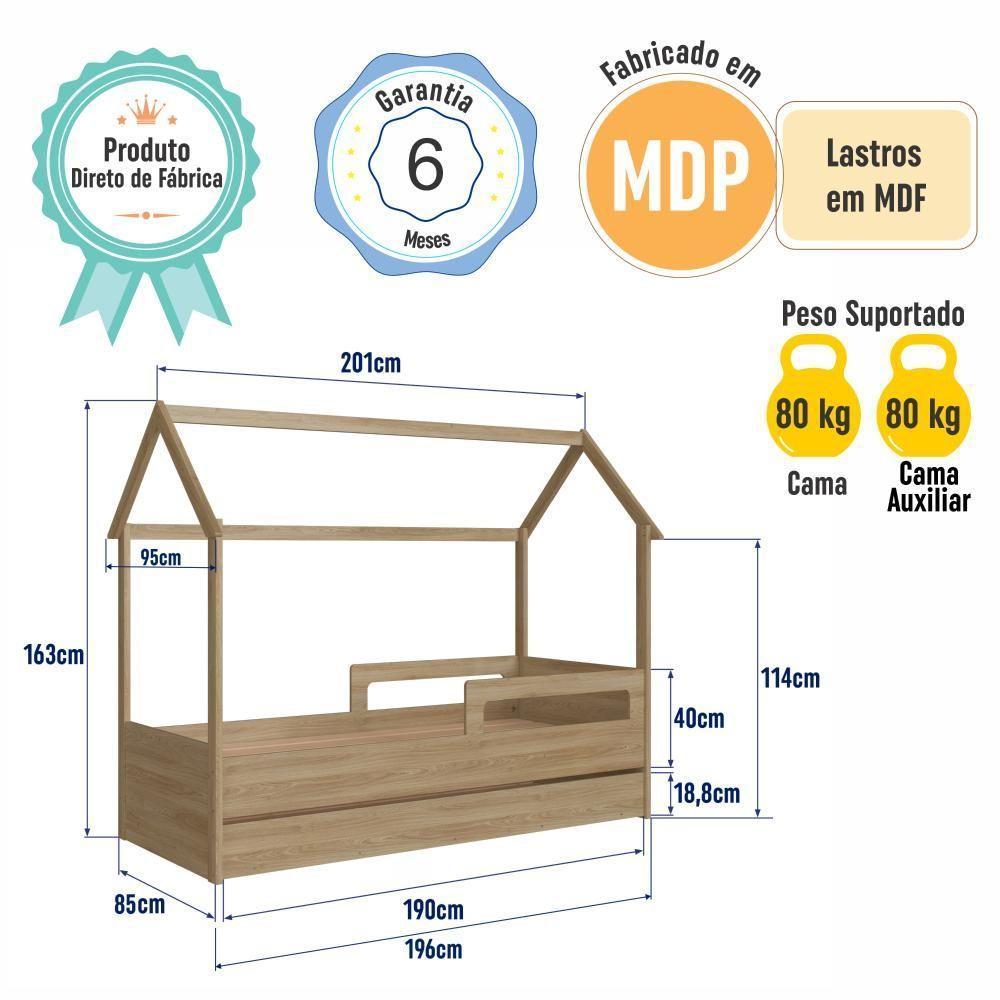 Cama Infantil Montessoriana Bicama Casinha Solteiro Menino Menina Com Proteção Lateral E Cama Auxiliar Aveiro Oak - 5