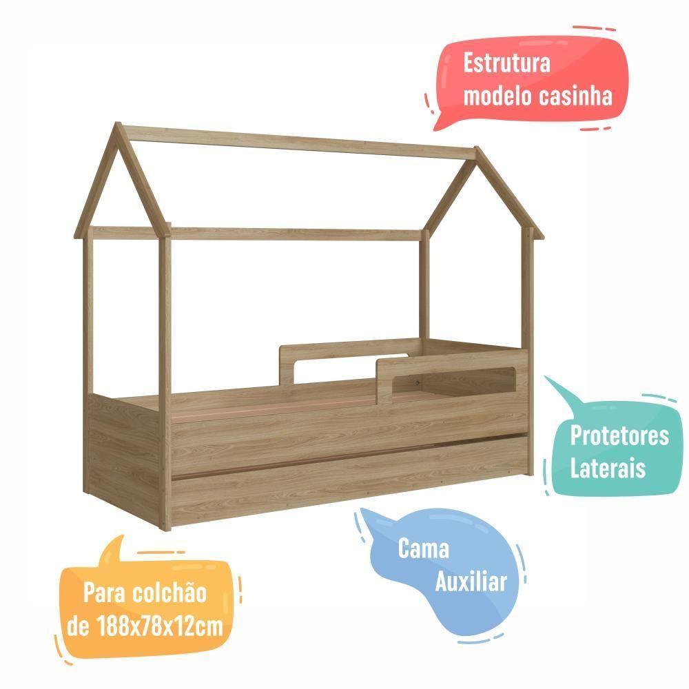 Cama Infantil Montessoriana Bicama Casinha Solteiro Menino Menina Com Proteção Lateral E Cama Auxiliar Aveiro Oak - 6