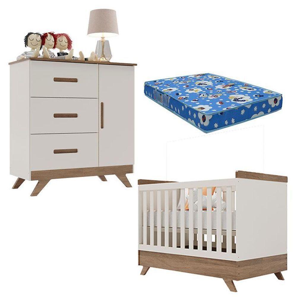 Berço Americano Vitória E Cômoda Retro Maya Off White Carvalho Com Colchão Ortobom – Carolina - 1