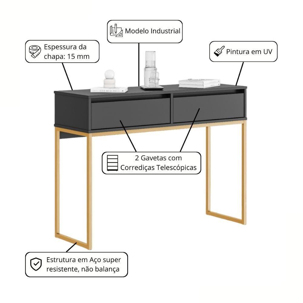Buffet Luce Retro Madeira 2 Gavetas Estilo Industrial Preto Dourado - 2
