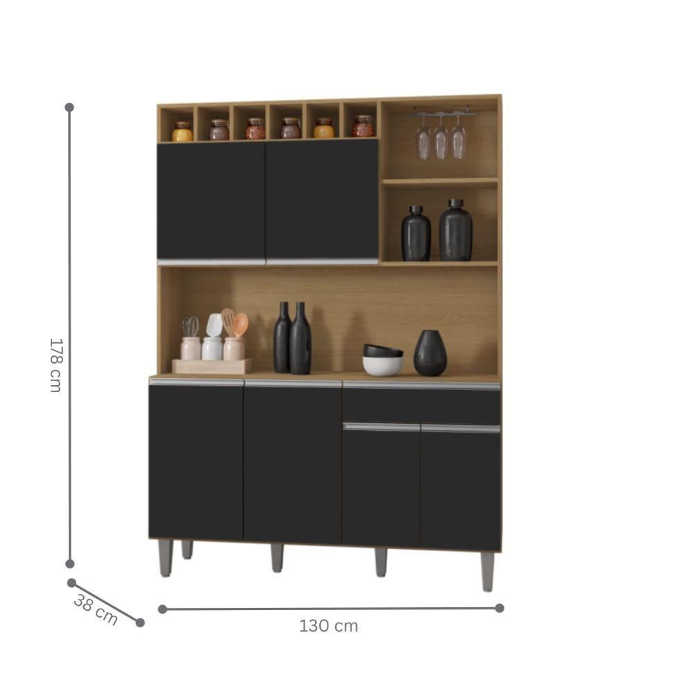 Armário Cozinha Completo Robin Amendoa Preto 6 Portas - 2