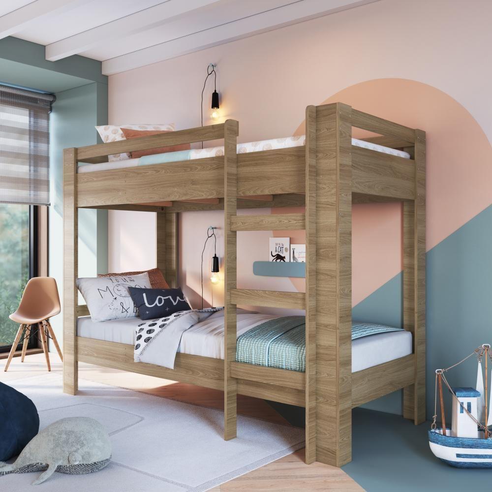 Cama Beliche Infantil Bicama Menino Menina Solteiro 1,96m Com Escada E Proteção Lateral Aveiro Oak - 1