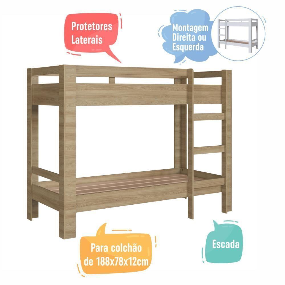 Cama Beliche Infantil Bicama Menino Menina Solteiro 1,96m Com Escada E Proteção Lateral Aveiro Oak - 5