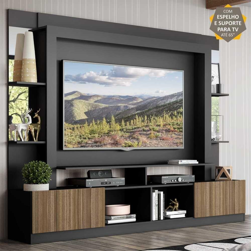 Rack C/ Painel Suporte Tv 65´´ C/ Espelho Preto/Madeirado - 3