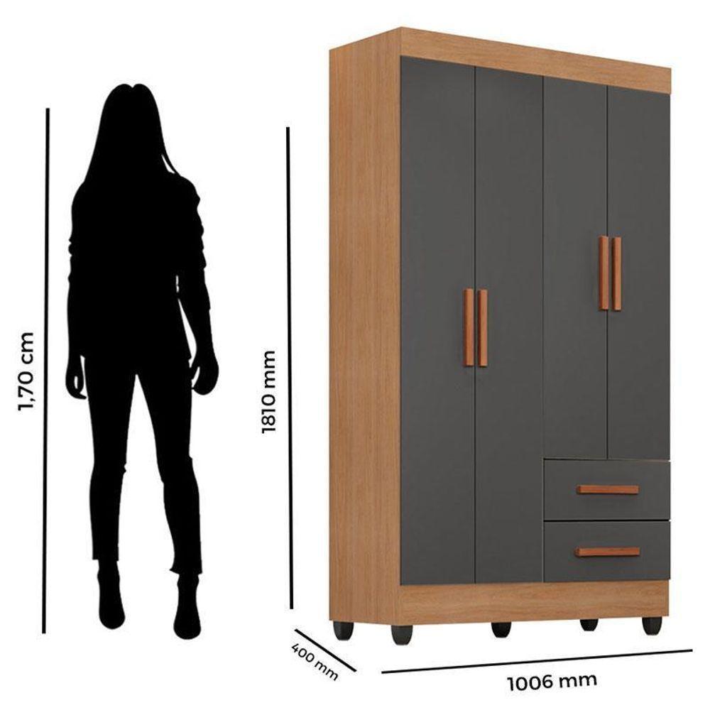 Guarda Roupa Solteiro Ambiente Lite 4 Portas Nature Cinza – Móveis Leão - 2