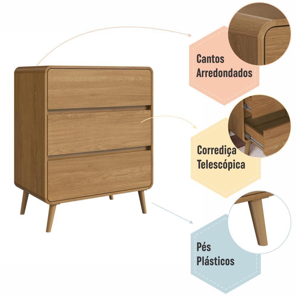 Cômoda Infantil Multiuso 3 Gavetas E Trocador Para Quarto De Bebê Estilo Retrô Carvalho Xingu - 5