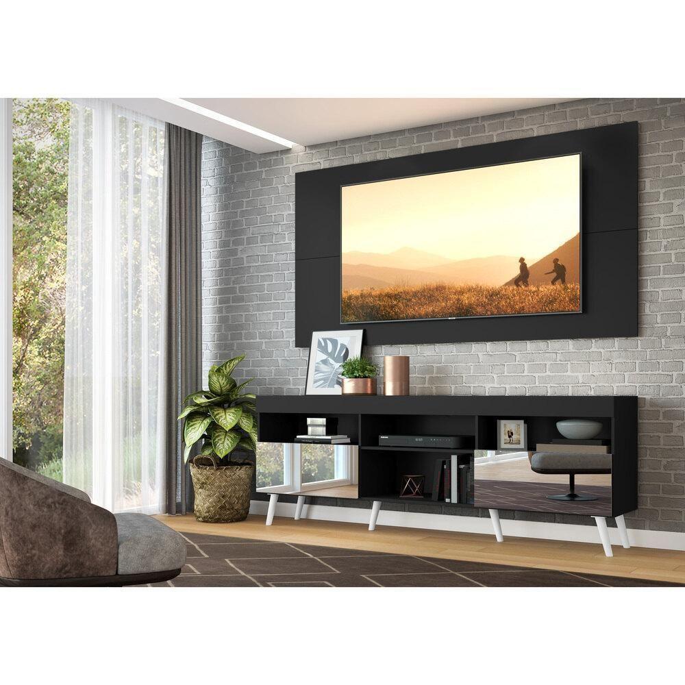 Rack Com Painel E Suporte Tv 65" Retrô Com Espelho Flórida Multimóveis V3142 Preto/Branco - 2