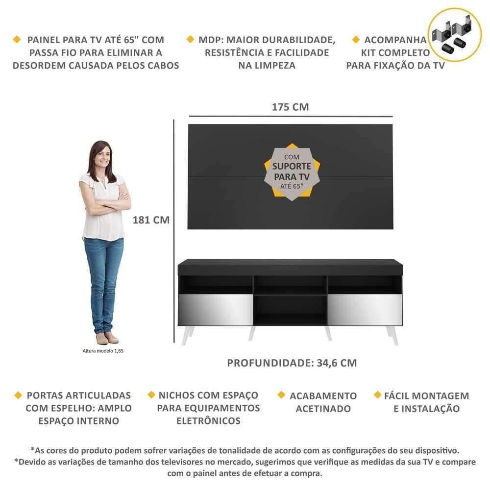 Rack Com Painel E Suporte Tv 65" Retrô Com Espelho Flórida Multimóveis V3142 Preto/Branco - 6