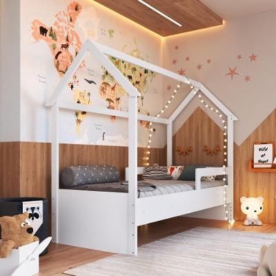 Cama Infantil Montessoriana Casinha Menino Menina Solteiro Com Proteção Lateral Branco