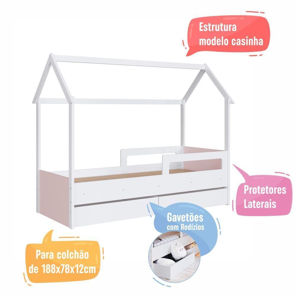 Cama Infantil Montessoriana Casinha Solteiro Menino Menina Com Proteção Lateral E Gavetas Com Rodas Branco Com Rosa - 5