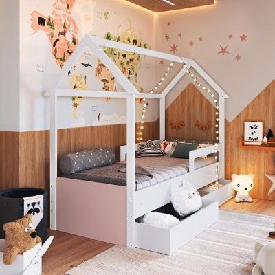 Cama Infantil Montessoriana Casinha Solteiro Menino Menina Com Proteção Lateral E Gavetas Com Rodas Branco Com Rosa