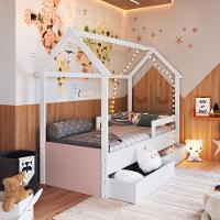 Cama Infantil Montessoriana Casinha Solteiro Menino Menina Com Proteção Lateral E Gavetas Com Rodas Branco Com Rosa - 1