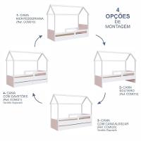 Cama Infantil Montessoriana Casinha Solteiro Menino Menina Com Proteção Lateral E Gavetas Com Rodas Branco Com Rosa - 8