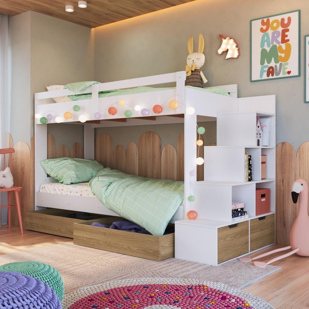 Cama Beliche Infantil Bicama Menino Menina 2,32m Com Escada, Nichos E Gavetas Com Rodas Branco Com Aveiro Oak - 1