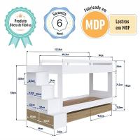 Cama Beliche Infantil Bicama Menino Menina 2,32m Com Escada, Nichos E Gavetas Com Rodas Branco Com Aveiro Oak - 7
