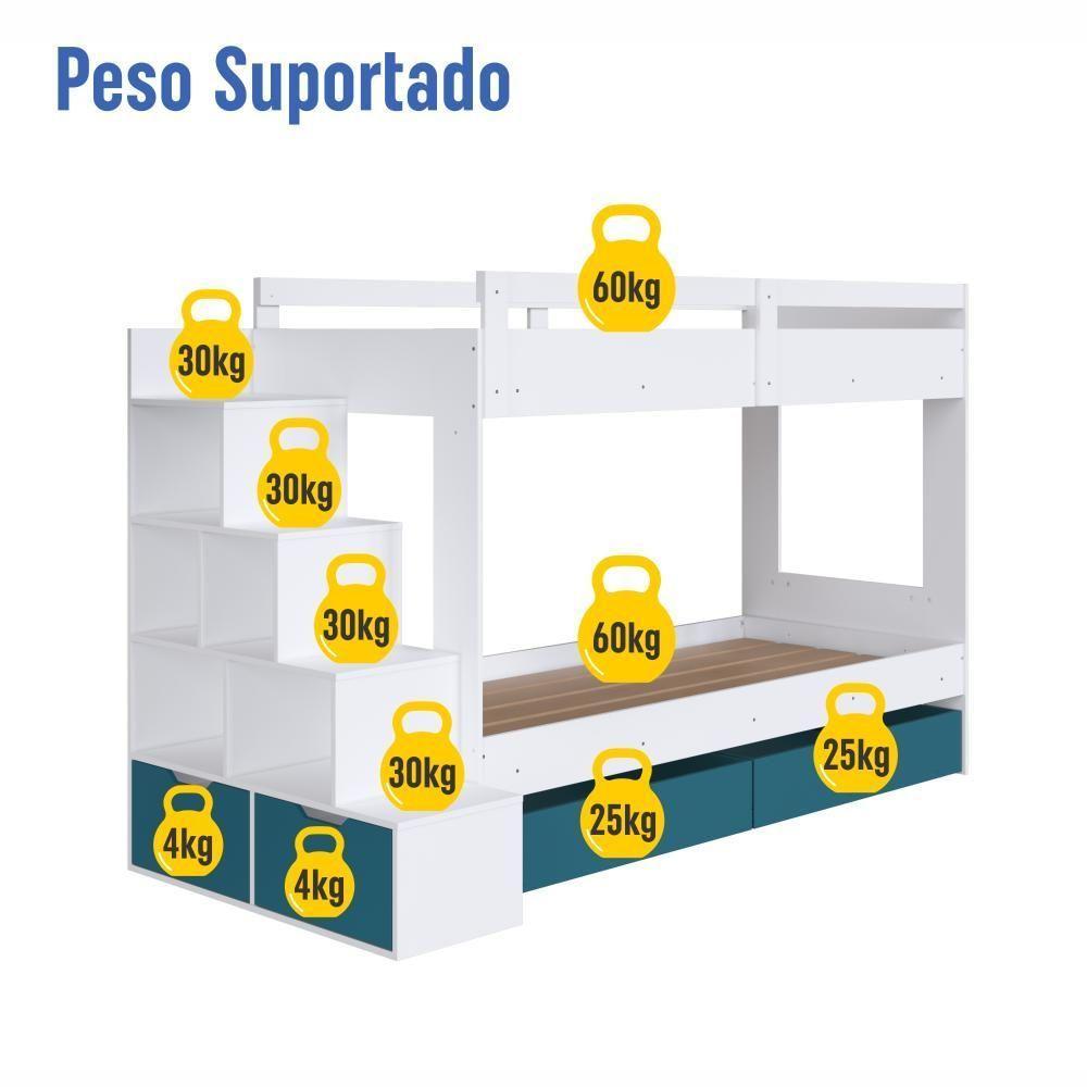 Cama Beliche Infantil Bicama Menino Menina 2,32m Com Escada, Nichos E Gavetas Com Rodas Branco Com Azul - 5