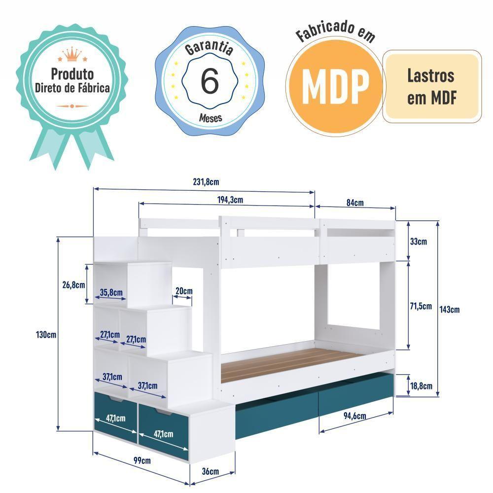 Cama Beliche Infantil Bicama Menino Menina 2,32m Com Escada, Nichos E Gavetas Com Rodas Branco Com Azul - 7