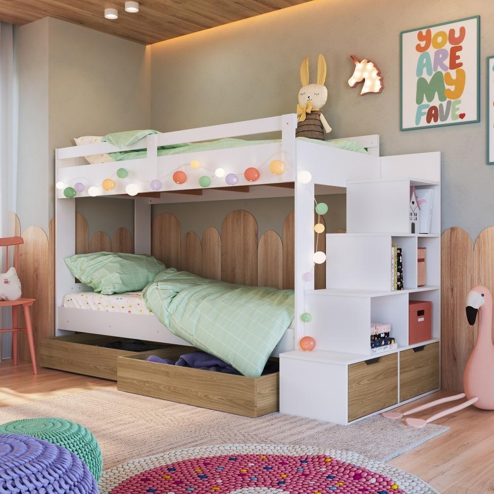 Cama Beliche Infantil Bicama Menino Menina 2,32m Com Escada, Nichos E Gavetas Com Rodas Branco Com Aveiro Oak - 1