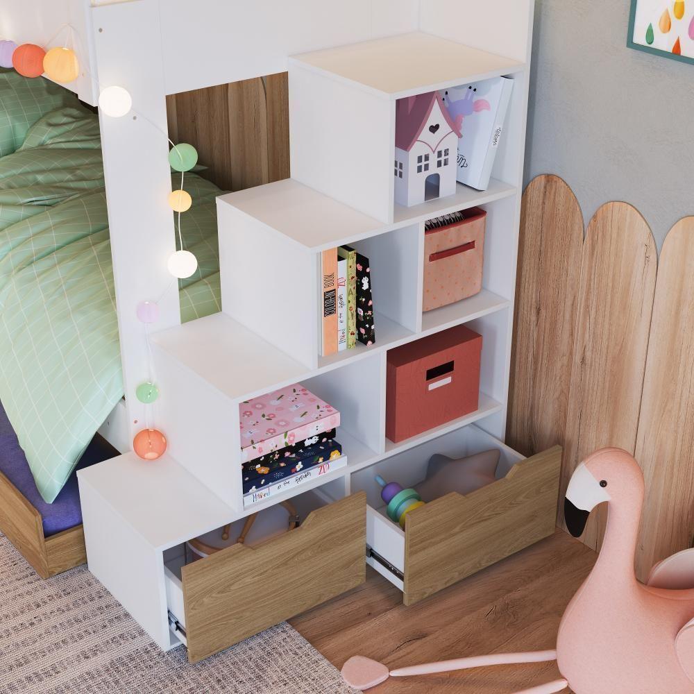 Cama Beliche Infantil Bicama Menino Menina 2,32m Com Escada, Nichos E Gavetas Com Rodas Branco Com Aveiro Oak - 2