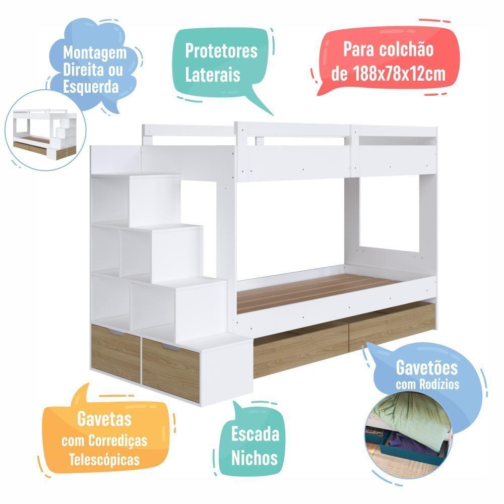 Cama Beliche Infantil Bicama Menino Menina 2,32m Com Escada, Nichos E Gavetas Com Rodas Branco Com Aveiro Oak - 4