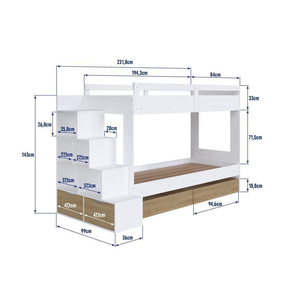 Cama Beliche Infantil Bicama Menino Menina 2,32m Com Escada, Nichos E Gavetas Com Rodas Branco Com Aveiro Oak - 6