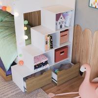 Cama Beliche Infantil Bicama Menino Menina 2,32m Com Escada, Nichos E Gavetas Com Rodas Branco Com Aveiro Oak - 2