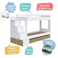 Cama Beliche Infantil Bicama Menino Menina 2,32m Com Escada, Nichos E Gavetas Com Rodas Branco Com Aveiro Oak
