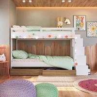 Cama Beliche Infantil Bicama Menino Menina 2,32m Com Escada, Nichos E Gavetas Com Rodas Branco Com Aveiro Oak - 10