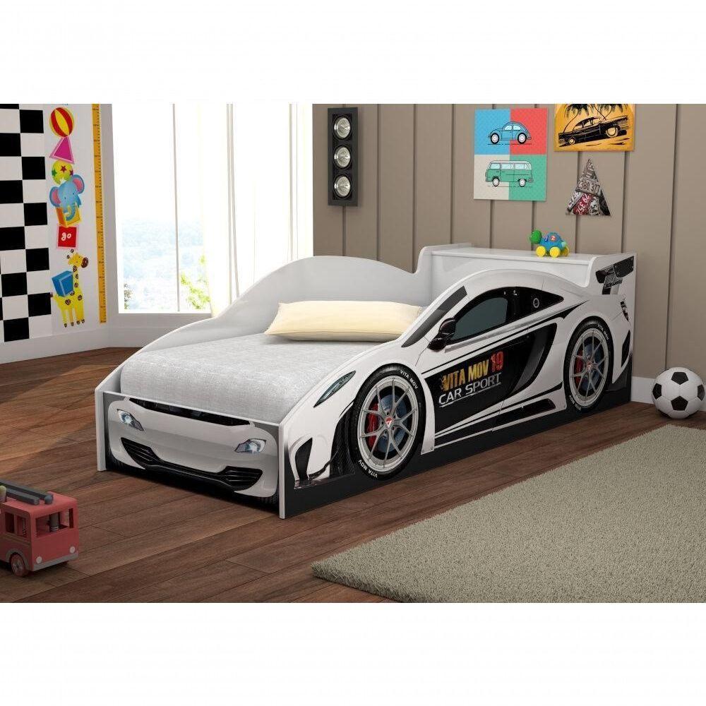 Cama Carro Com Bau Accelerate Juvenil Branco Com Colchao - 2