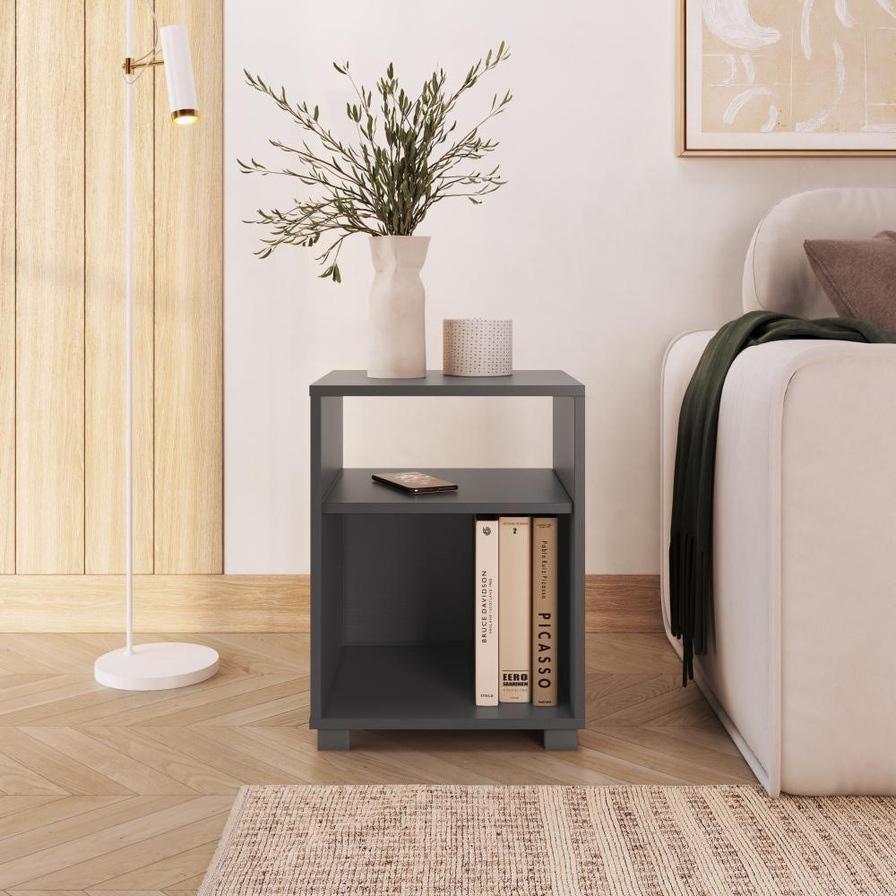 Mesa De Cabeceira Nicho 38,5cm Com Pé E Prateleira Grafite - 2