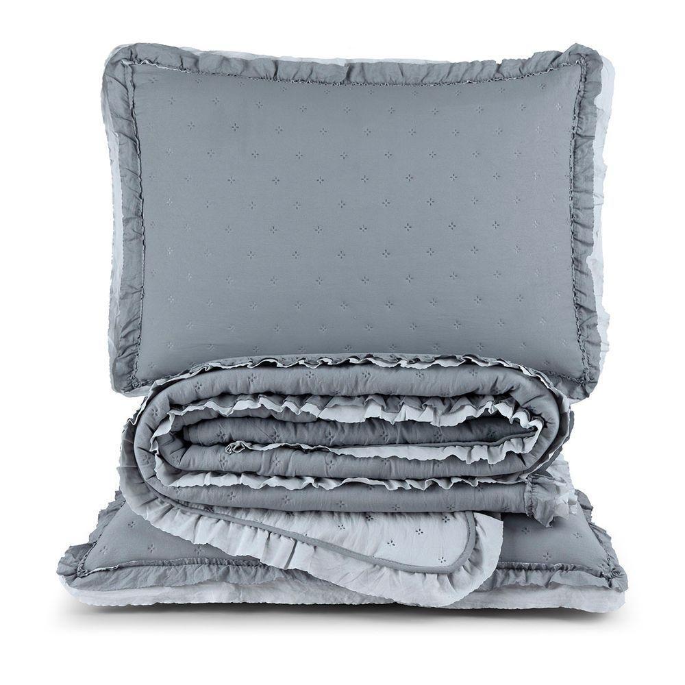 Kit Cobre Leito Colcha Vitta King Matelado C/ Babadinhos 200 Fios 3 Peças Cinza - 100% Poliéster - 1