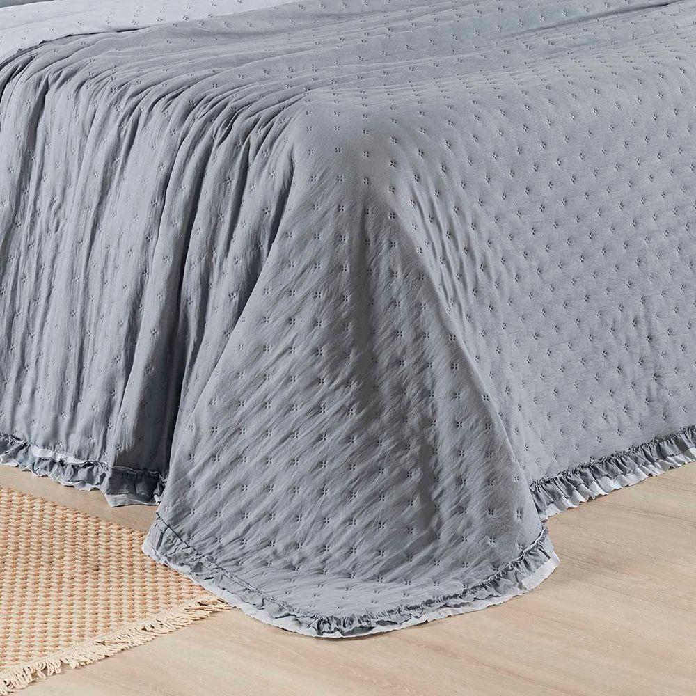 Kit Cobre Leito Colcha Vitta King Matelado C/ Babadinhos 200 Fios 3 Peças Cinza - 100% Poliéster - 7