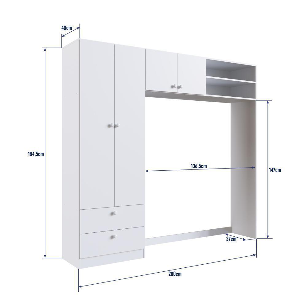 Guarda-roupa Infantil 4 Portas E 2 Gavetas Com Nichos, Prateleira E Cabideiro Para Quarto De Bebê Branco - 3