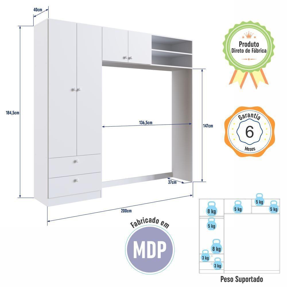 Guarda-roupa Infantil 4 Portas E 2 Gavetas Com Nichos, Prateleira E Cabideiro Para Quarto De Bebê Branco - 4