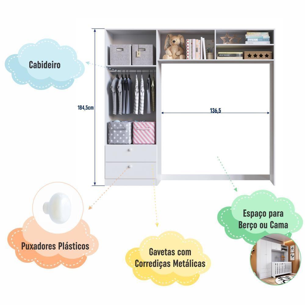 Guarda-roupa Infantil 4 Portas E 2 Gavetas Com Nichos, Prateleira E Cabideiro Para Quarto De Bebê Branco - 5