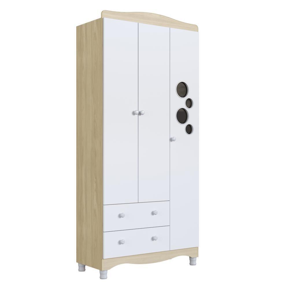 Guarda-roupa Infantil 3 Portas E 2 Gavetas Com Nichos E Cabideiro Para Quarto De Bebê Carvalho Araguaia - 2