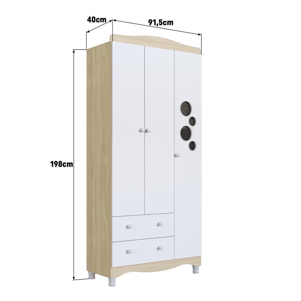 Guarda-roupa Infantil 3 Portas E 2 Gavetas Com Nichos E Cabideiro Para Quarto De Bebê Carvalho Araguaia - 3