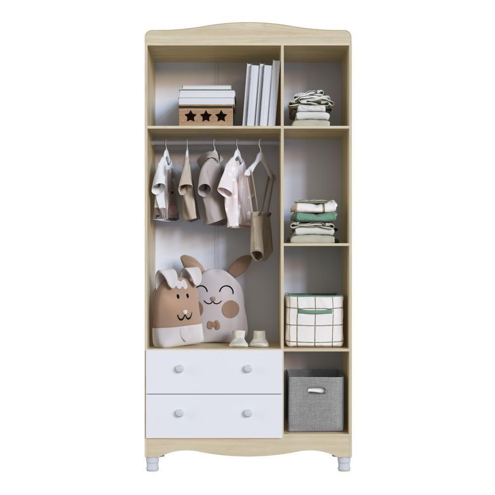 Guarda-roupa Infantil 3 Portas E 2 Gavetas Com Nichos E Cabideiro Para Quarto De Bebê Carvalho Araguaia - 4
